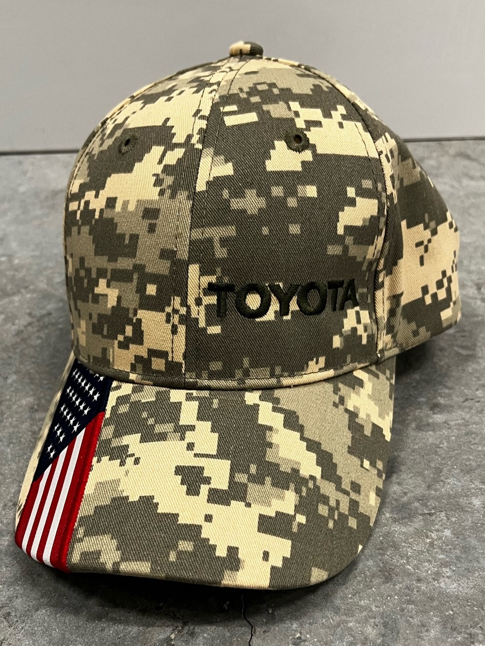 Toyota Digital Camo Baseball Cap Hat w/ American Flag Brim Graphic